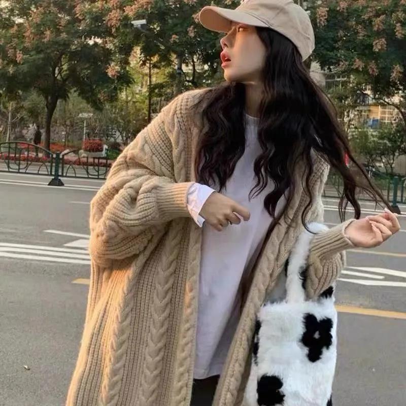 เสื้อกันหนาวผู้หญิงฤดูใบไม้ร่วงด้านนอกสวมใส่หลวมญี่ปุ่นกลางยาวเสื้อสเวตเตอร์ถัก