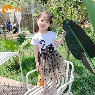 ชุดเสื้อแขนสั้น กระโปรง ผ้าฝ้าย ลายการ์ตูนหงส์ สไตล์ตะวันตก แฟชั่นฤดูร้อน สําหรับเด็กผู้หญิง