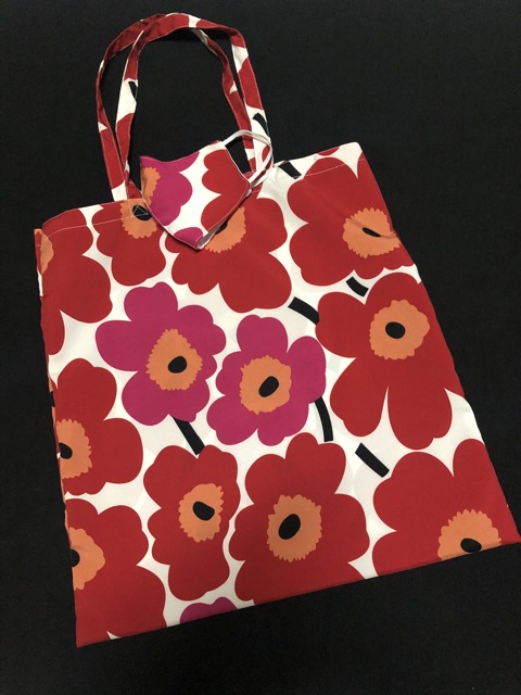 เซทกระเป๋าผ้าสายยาว-marimekko-แมสผ้า-ดอกชมพูแดง