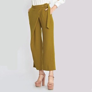 Jousse กางเกงขาวยาว กาง﻿เ﻿กงผู้หญิง Pants กางเกงขายาวเอวสูงสีน้ำตาลอมเหลือง ดีเทลผ้าป้ายคาด (JT6HDY)