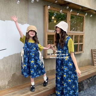 【ชุดเด็กผู้หญิง】ชุดเดรสกระโปรงยีน แขนสั้น ลายดอกไม้ สีเขียวอะโวคาโด สําหรับแม่ และลูก สองชิ้น