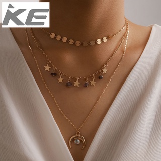 Jewelry Round Geometric Sequins Gravel Moon Pendant 3 Layers Necklace Women Trendy Jewelry for