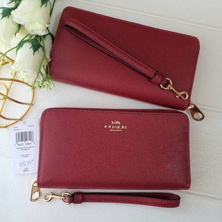 (ผ่อน0%) กระเป๋าสตางค์ใบยาว COACH C3441 LONG ZIP AROUND WALLET หนังแท้สีแดง ซิปรอบ มีสายคล้องมือ