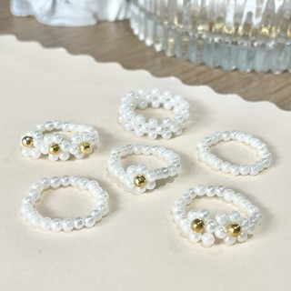 แหวนลูกปัดมุก เซ็ต 3วง 5วง สีขาว ดอกไม้ เอ็นยืด White Pearl Bead Elastic Ring Set