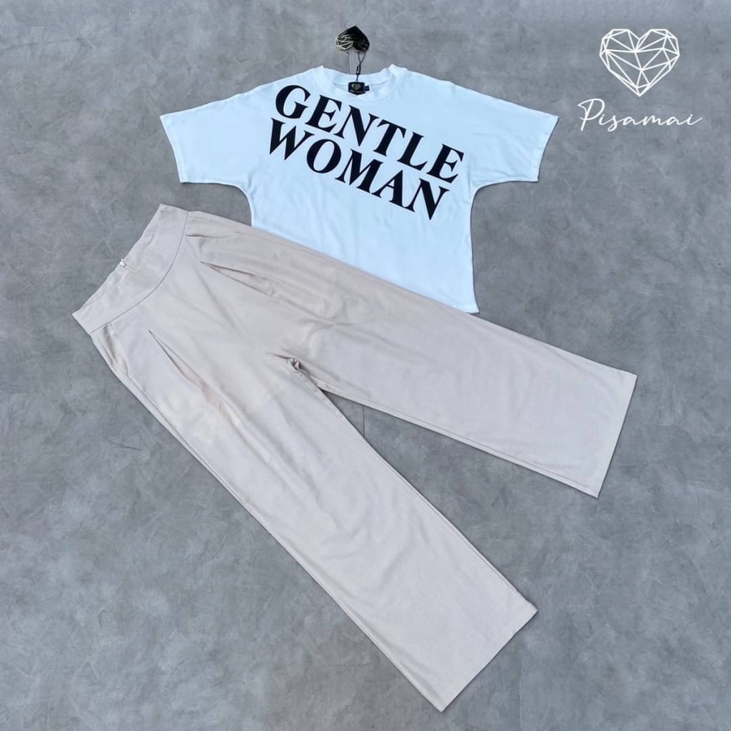 pisamai-เซ็ตเสื้อยืดคอกลมแต่งลายgentle-มาคู่กับกางเกงเอวสูงสีครีมขาว-แพทเทิ้นสวยมากๆค่า-รุ่นนี้เนื้อผ้าดี-ราคาฟาดมากค่า