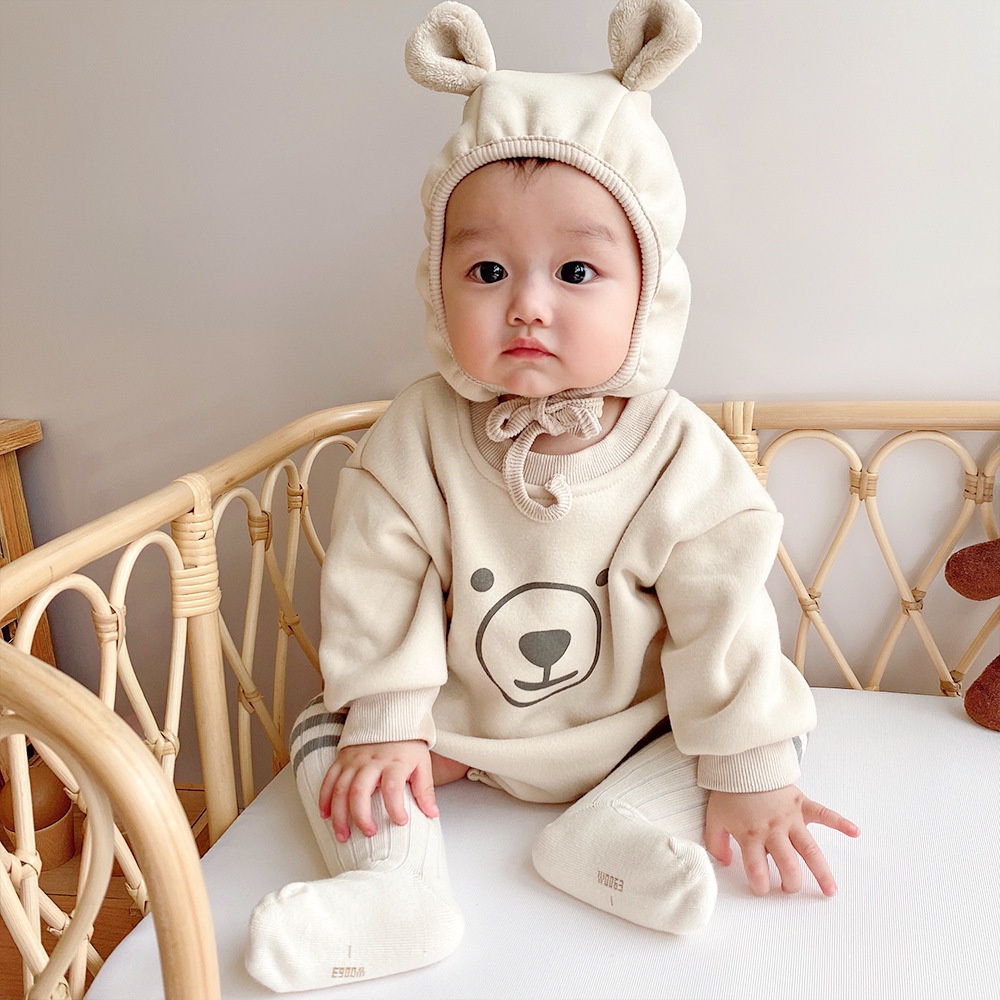 ชุดจั๊มสูท-ผ้าขนแกะลายหมี-พร้อมหมวก-สำหรับเด็กทารก-0-12-เดือน-สินค้าพร้อมจัดส่ง
