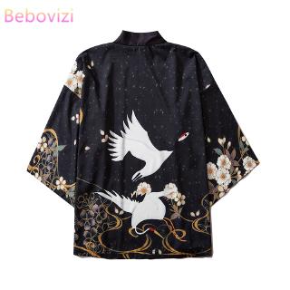 Black Fashion Swan Kimono Outer New for Women Men Japanese Loose Harajuku Beach Unisex Clothes