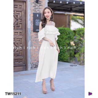 TW15211 เดรสยาว อกระบาย สายเดี่ยวผูกไหล่ ผ้าไหมเงา มีซิปหลัง งานสวย ใส่เที่ยว ออกงานได้ พร้อมส่ง  เดรสยาว อกระบาย สายเดี