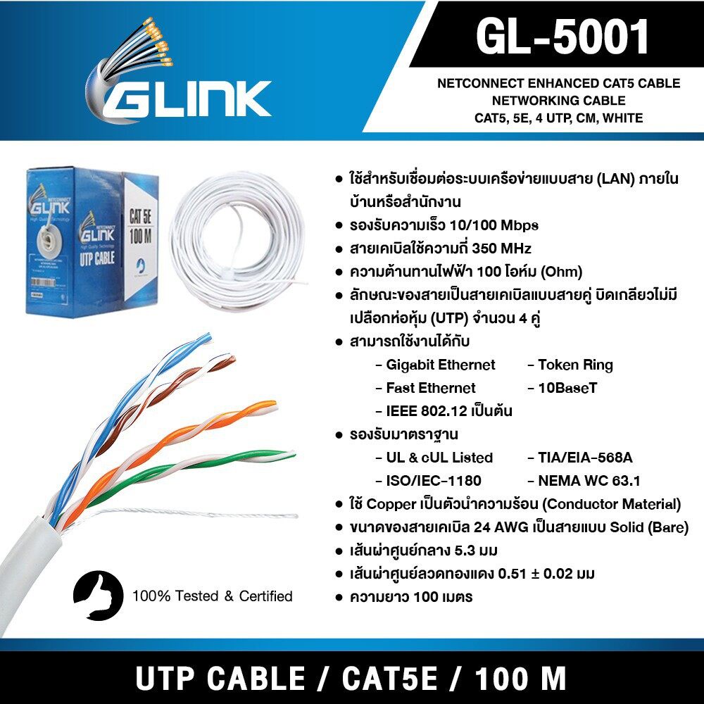 สายแลน UTP CAT5e UTP Cable (100m/Box) GLINK (GL5001) สำหรับภายในอาคาร