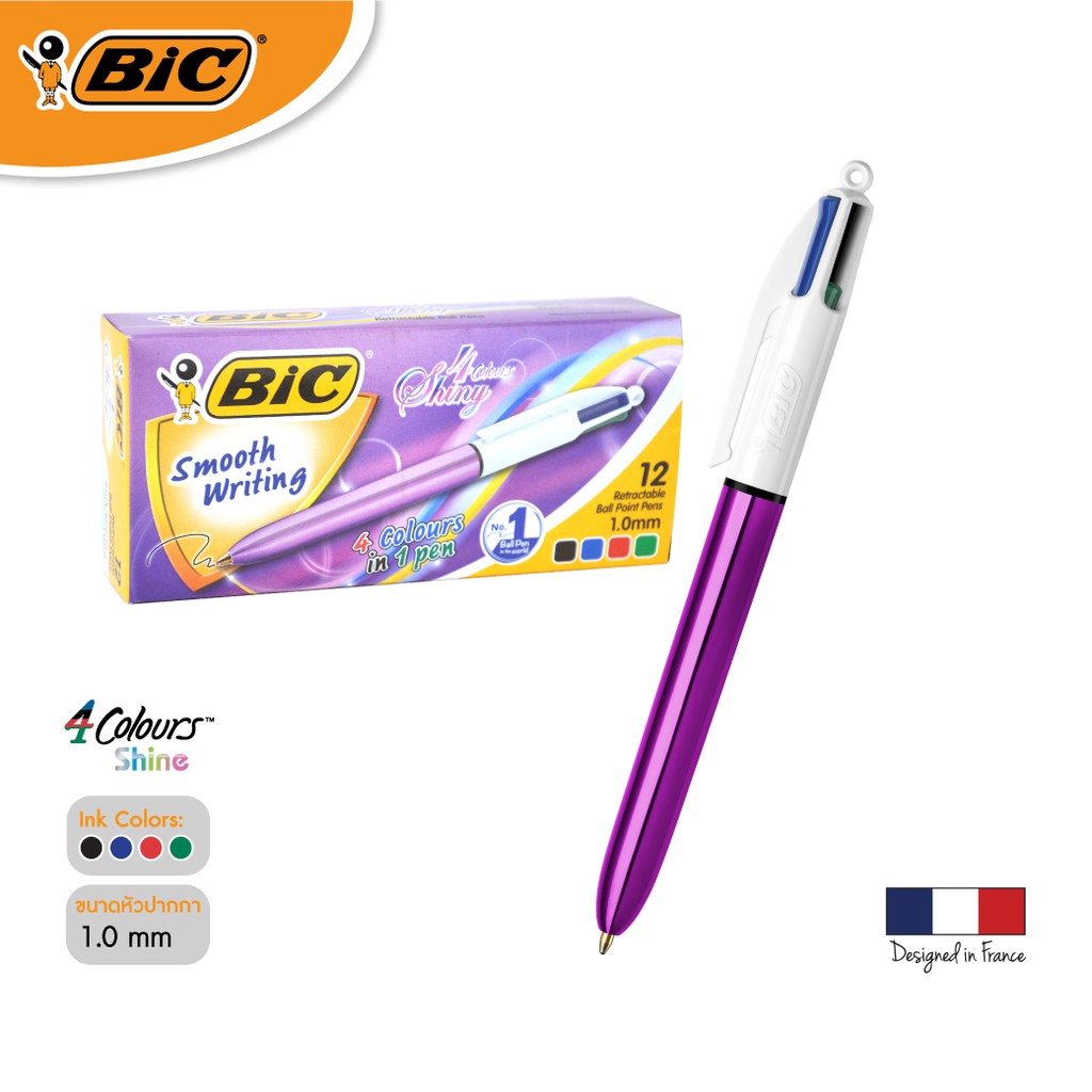 official-store-bic-บิ๊ก-ปากกา-4-colours-shine-ปากกาลูกลื่น-น้ำหมึก4in1-หัวปากกา-1-0-mm-purple-จำนวน-12-ด้าม