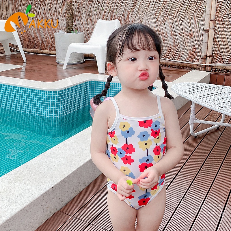 ชุดว่ายน้ำสำหรับเด็กผู้หญิงสลิงดอกไม้ชุดว่ายน้ำชุดหมวก-ins-เกาหลีออกแบบเด็กทารกชุดว่ายน้ำชิ้นเดียวเสื้อผ้าเด็กชุดว่ายน้ำ-akku