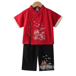 ชุดตรุษจีนเด็ก ชุดจีนเด็ก เสื้อคอจีนแขนสั้นปาดข้าง ปักเรือใบ สีแดง พร้อมกางเกง
