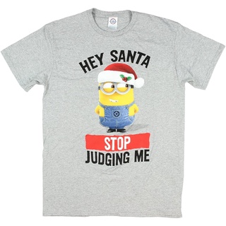 เสื้อยืดวินเทจ100%cotton เสื้อ ยืด ผ้า มัด ย้อม Christmas Minions Hey Santa Stop Judging Me Gray Graphic T-Shirt men เสื