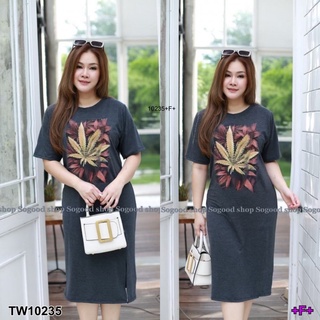 TW10235 Dress เดรสสาวอวบยาว 5 ส่วน สกรีนลายกัญชา ผ้ายืดเรยอนเนื้อดี ด้านหน้าช่วงกระโปรงผ่ายาว ทรงสวย ใส่สบายๆ