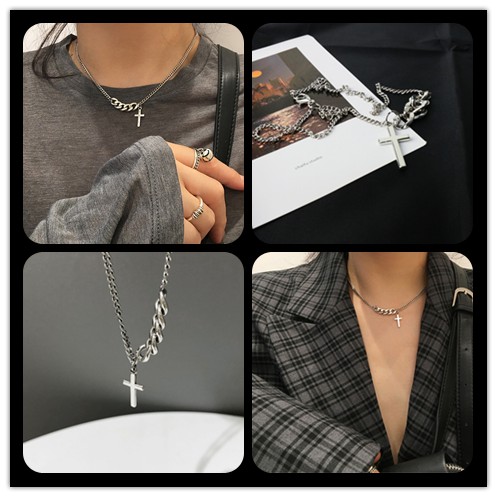 รูปภาพของสร้อยคอสายโซ่จี้ไม้กางเขนสั้นสไตล์เกาหลี ( silver)ลองเช็คราคา