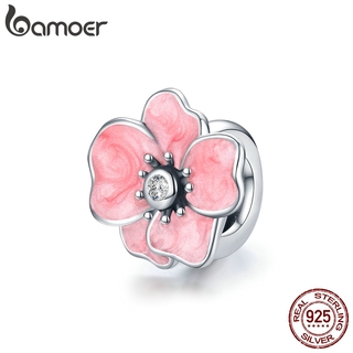 bamoer Pink Flower CZ Metal 925 Sterling Silver Charm Stopper Bead for Women Brand Bracelet &amp; Bangle DIY Jewelry SCC1729