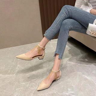 👠 พร้อมส่ง💥 Baotou รองเท้าแตะส้นหนาผู้หญิงส้นสูง 2022 ส้นสูงสไตล์นางฟ้า ส้นเตี้ย รองเท้าหนังกลับหัวแหลมขนาดใหญ่