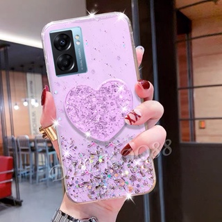 พร้อมส่ง เคสโทรศัพท์มือถือ OPPO A77 5G / A57 4G Phone Cell Case With Love Stand Holder Handphone Casing Bling Glitter Star Back Cover OPPOA57 OPPOA77