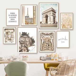 โปสเตอร์ภาพวาดผ้าใบ รูปปั้นปารีสทาวเวอร์ โบสถ์ ต้นไม้ หญ้า สไตล์นอร์ดิก สําหรับตกแต่งผนัง ห้องนั่งเล่น