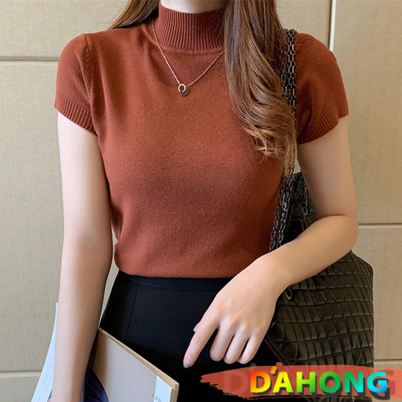 dahong-เสื้อ-473-เสื้อครอป-ท๊อป-เสื้อคอกลมคอเต่า-แขนสั้น-ผ้าไหมพรม-สีพื้น-เนื้อผ้าเรียบบาง