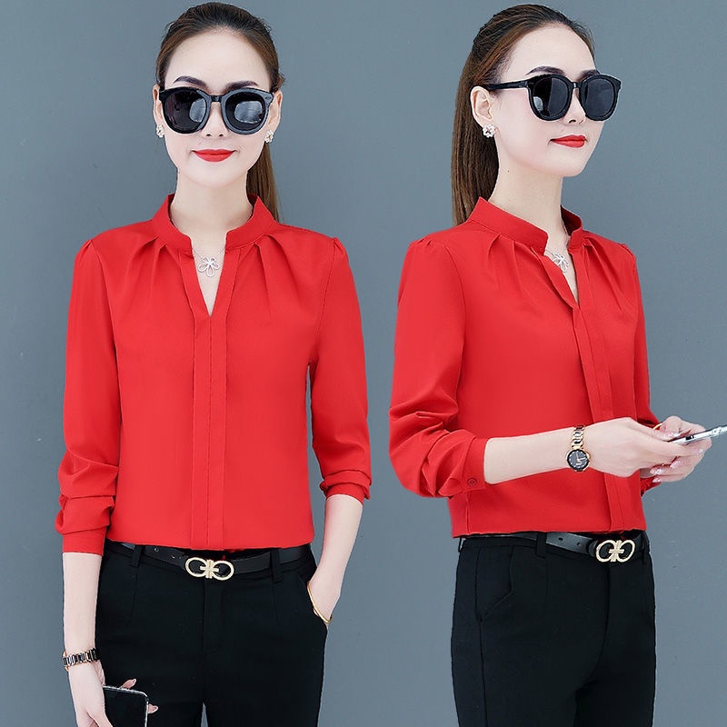 เสื้อเชิ้ตแขนยาว-คอวี-ผ้าชีฟอง-ทรงหลวม-สีขาว-สไตล์เกาหลี-สําหรับผู้หญิง