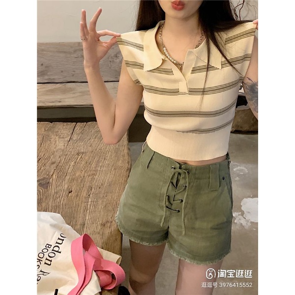 Ey_official#358#เสื้ิอครอปไหมพรมคอปกแขนกุดกลายทาง+ลายพื้นแมทช์กับอะไรก็ ...