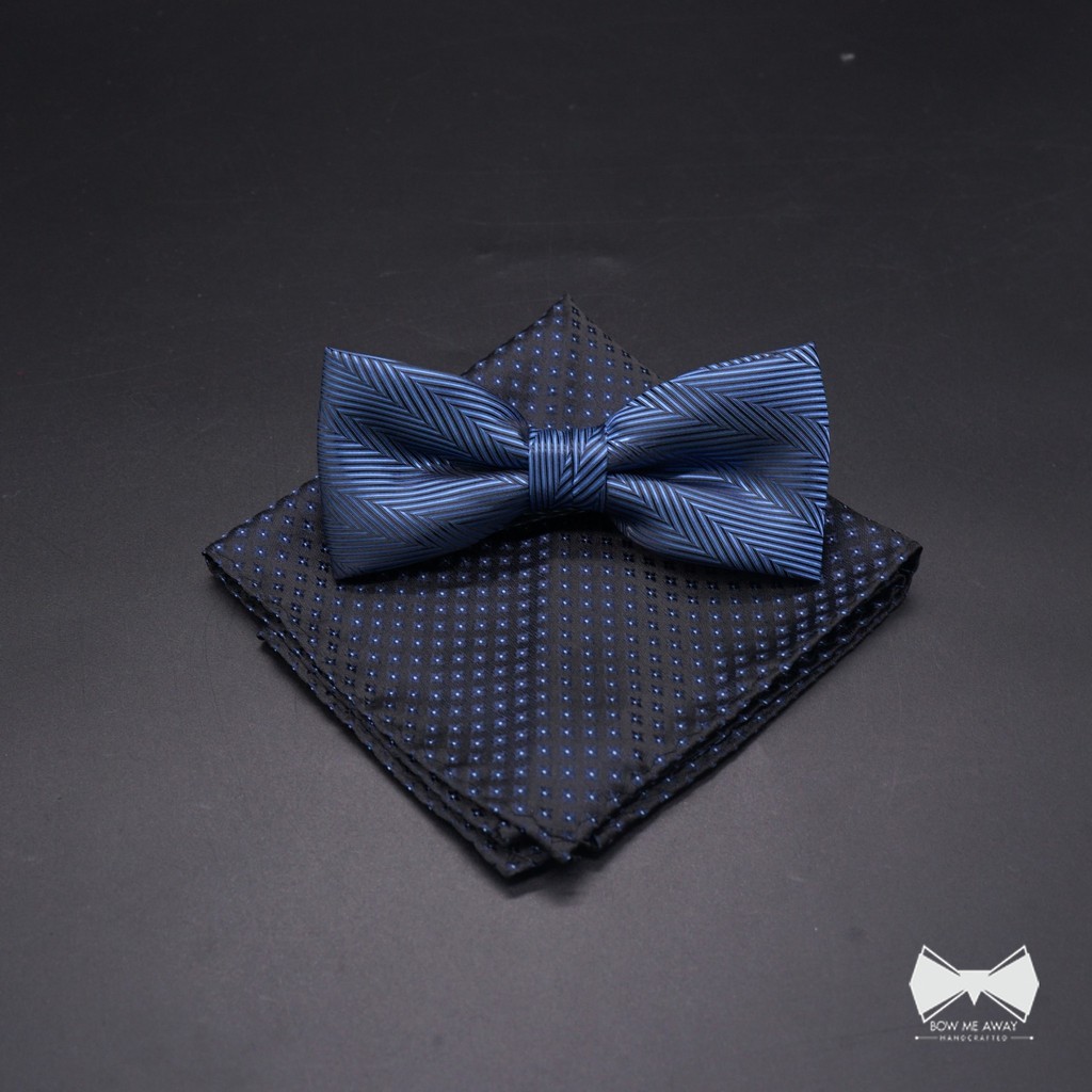 เซ็ทหูกระต่ายสีน้ำเงินลายเฉลียง-ผ้าเช็ดหน้าสูทsuede-blue-bowtie-suede-pocket-square