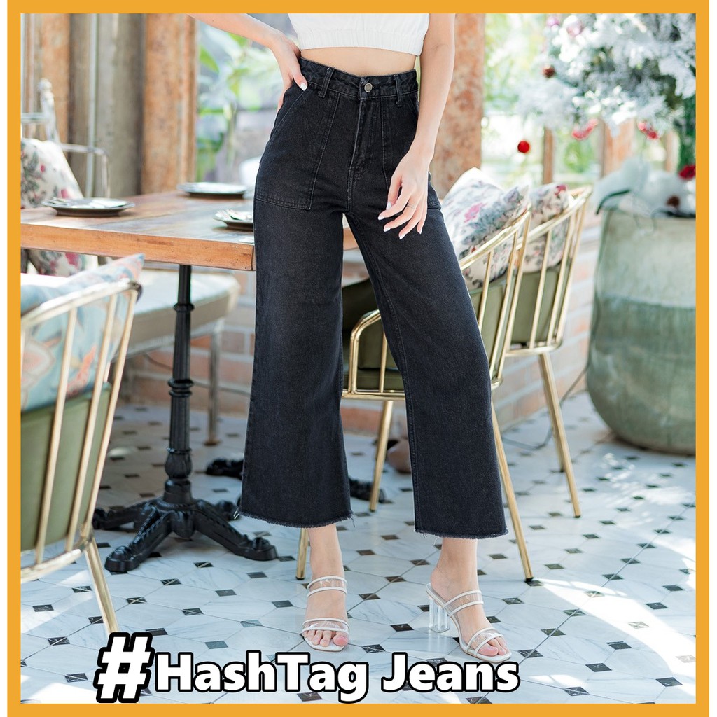 hashtag-jeans-กางเกงยีนส์ขายาว-กางเกงยีนส์ขาบาน-วินเทจขาบานกระเป๋าเหลี่ยม-ฟอกเทาดำ-กางเกงยีนส์ผู้หญิง-has9158
