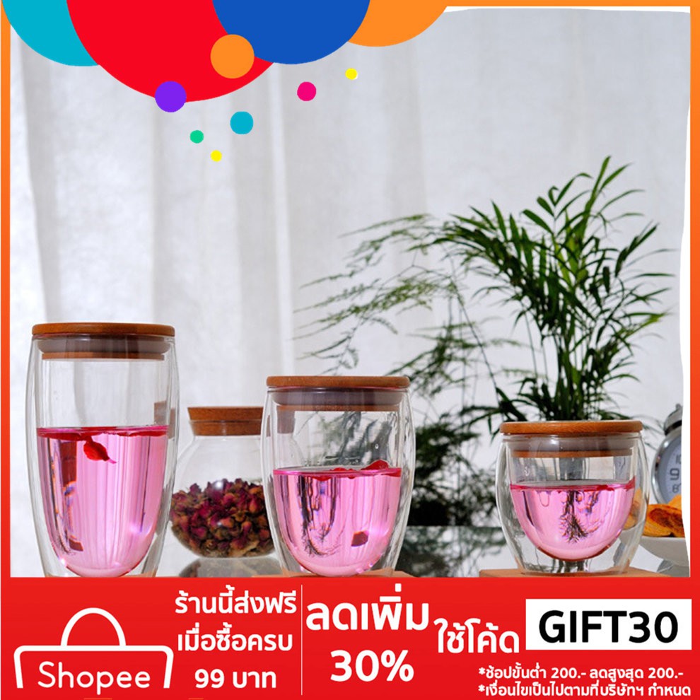 สวยจริงๆ-แก้วชา-กระจก2ชั้น-ฝาปิด-แก้วเก็บความเย็น-clear-glass-tea-cup-bamboo-lid-set-glass-coffee-milk-mug