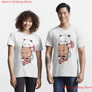 น่ารักการ์ตูน Panda And Brownie Bear Couple Bike riding Essential T-Shirt เสื้อยืดพิมพ์ลาย ผู้ชายและผู้หญิง เสื้อยืด