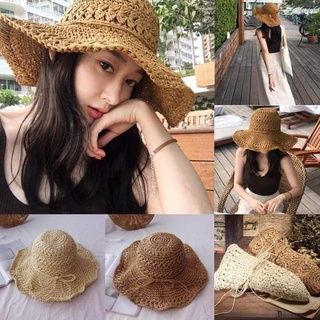หมวกถักหญิง [รุ่น S003] สไตล์เกาหลีใส่สบาย หมวกเที่ยวทะเล หมวกกันแดด เนื้ออ่อน ปีกกลางๆสามารถพับใส่กระเป๋าได้ ทำจากฟาง
