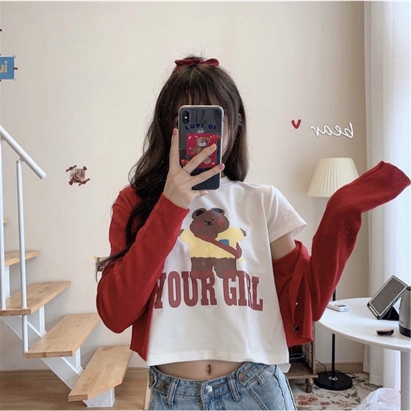 พร้อมส่ง-เสื้อครอปลายหมีสุดคิ้วว-สไตล์เกาหลี-น่ารักปนเซกซี่-ผ้าไม่ร้อน-ใส่สบาย-ห้ามพลาดเลย