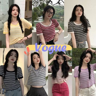 ภาพขนาดย่อของสินค้าVogue พร้อมส่ง เสื้อไหมพรมแขนสั้น ลายทางหลากหลายส๊​น่ารัก​สไตล์​เกาหลี​ (7617)​ -N