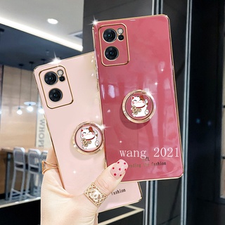 New Phone Case เคส OPPO Reno7 Pro Reno6 Z 6 Pro 5G Casing Electroplating Straight Edge with Cat Stand Protective Soft Case เคสโทรศัพท