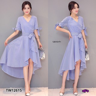 Dress เดรสลายริ้วหน้าสั้นหลังยาว + สายผูกเอว KP12615