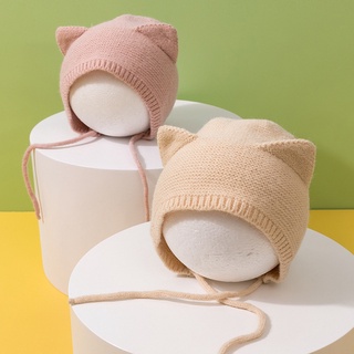 หมวกบีนนี่ ผ้าถัก ให้ความอบอุ่น ป้องกันหู สีพื้น แฟชั่นฤดูหนาว สําหรับเด็กผู้ชาย และเด็กผู้หญิง อายุ 0-2 ปี