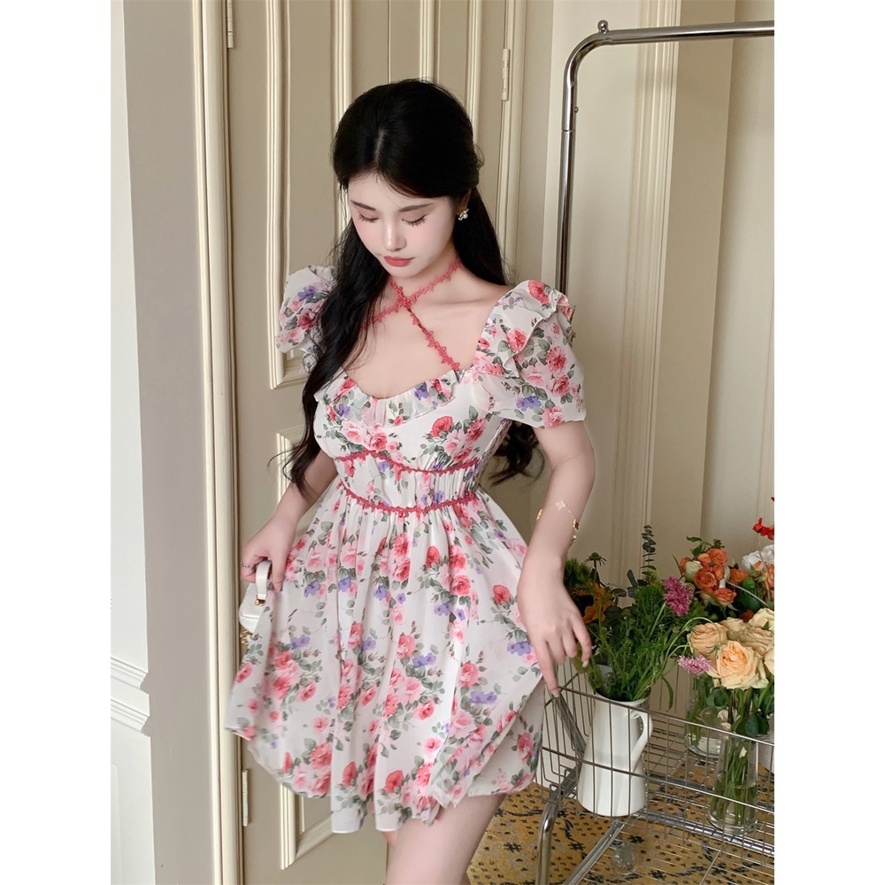 พร้อมส่ง-เดรสชีฟอง-ลายดอกกุหลาบ-แขนสั้น-มีสายผูกคอ-เสื้อผ้านำเข้า-สไตล์เกาหลี-a154