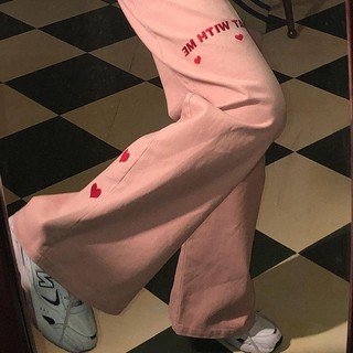 พร้อมส่ง🍉🍅 สีชมพูความรักปักกางเกงยีนส์ผู้หญิงหลวมขากว้างกางเกงเอวสูงอิน