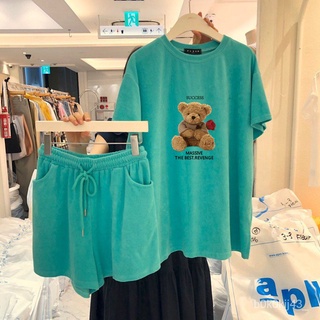 【PPร้านแฟชั่น】ชุดผู้หญิงลำลองพิมพ์ลาย เซต 2 ชิ้น เสื้อแขนสั้น+กางเกงขาสั้น ลายหมี เนื้อผ้านิ่ม สวมใส่สบายใหม่