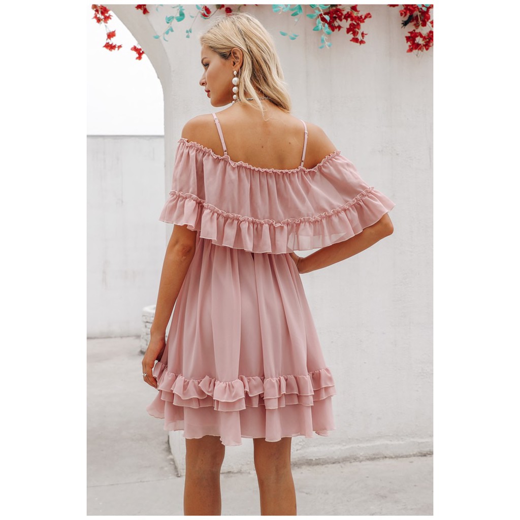 sale-พร้อมส่ง-simplee-pink-elegant-ruffle-strap-shoulder-off-chiffon-dress