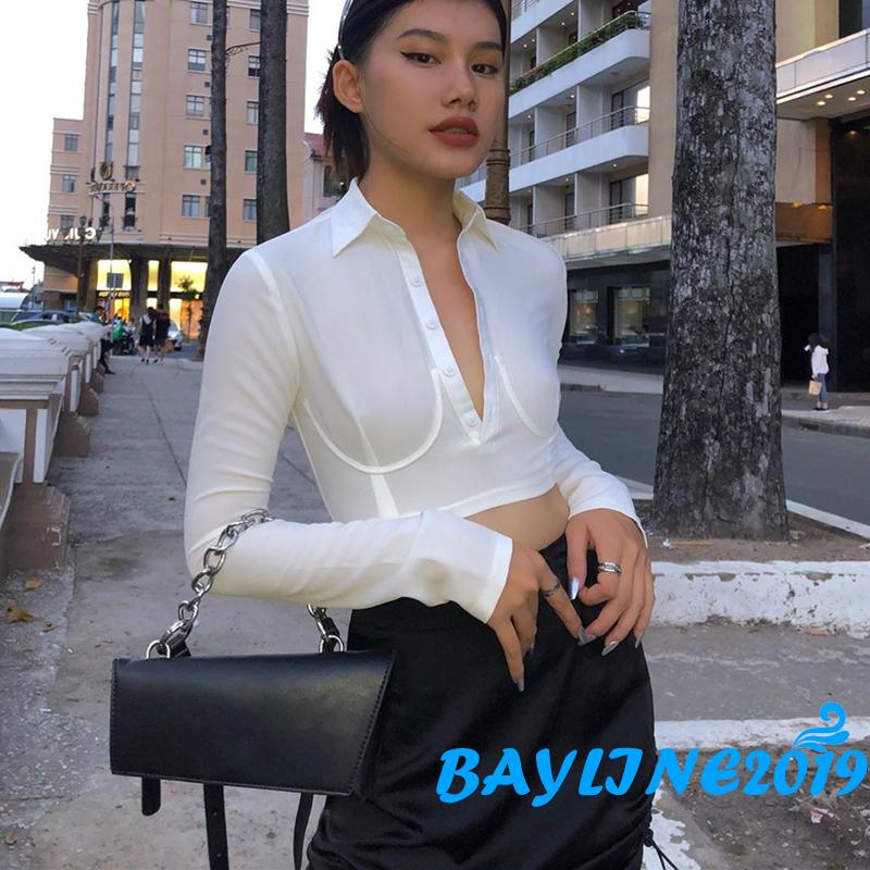 bay-เสื้อครอปแขนยาวสีพื้นสําหรับผู้หญิง
