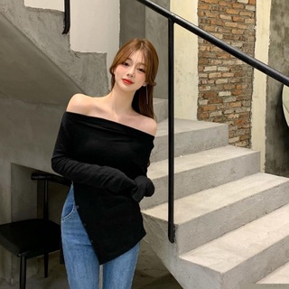 เสื้อยืด แขนยาว เปิดไหล่ แบบยืดหยุ่น สไตล์เกาหลี สําหรับผู้หญิง