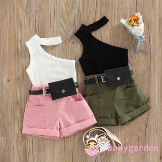 BABYGARDEN-6months-4years Baby Girl Tanks Tops + Shorts + Waist Bag, Pockets Decoration Casual Style Summer Clothing Set