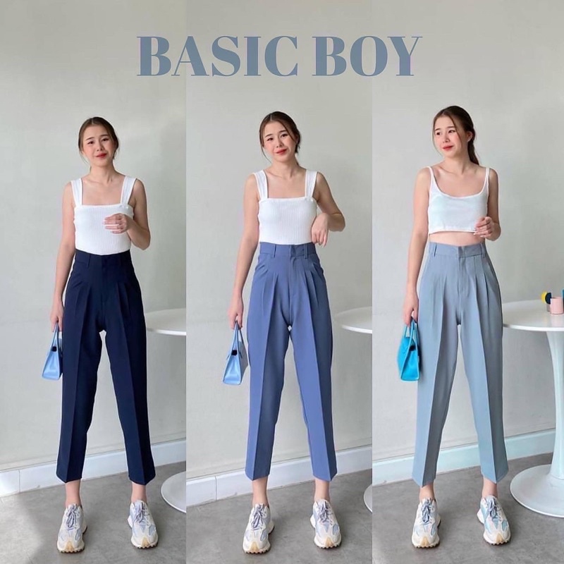พร้อมส่ง-กางเกงทรงบอย8ส่วน-ผ้าเปเป้a80ยืดหยุ่นกำลังดี-กางเกงทำงานเอวสูงพรางหุ่นใส่สบาย-ใส่ได้ทุกโอกาส