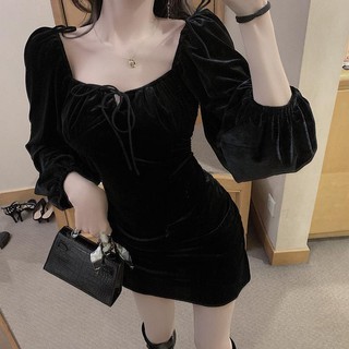 💥Hot Sale👗 เวอร์ชั่นเกาหลีของชุดกำมะหยี่สีทองหญิงกระโปรงฤดูใบไม้ร่วงและฤดูหนาว 2019 ใหม่เซ็กซี่สูงเอวบางแพคเกจสะโพกย้อ