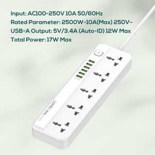 LDNIO SC5614ตัวป้องกันไฟกระชาก,มีเต้าเสียบไฟกระแสสลับ5ช่องและสายชาร์จ USB 6ช่องยาว2เมตรสำหรับบ้านและสำนักงาน ผลิตภัณฑ์ฟั