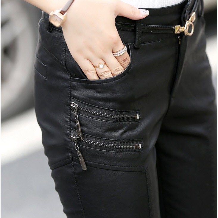 กางเกงหนัง-pu-สีดำ-กางเกงขายาว-กางเกงผู้หญิง