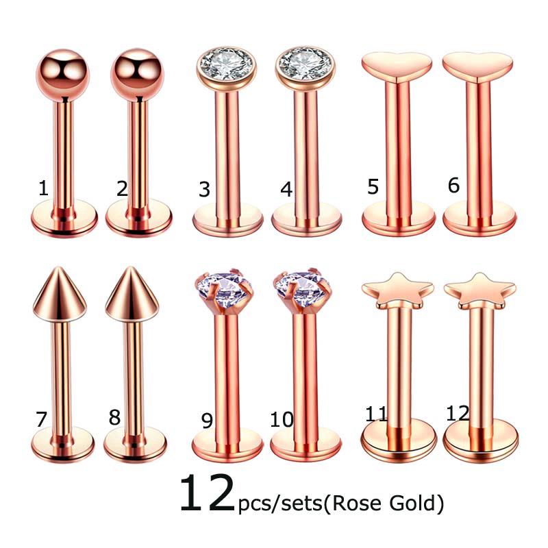 12pcs/sets Lip Piercing Labret Stud 16G Helix Pinna Earrings 8mm Length