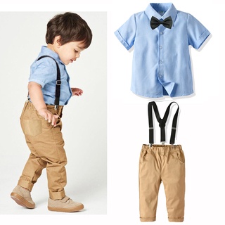 เสื้อเชิ้ต สีฟ้า และกางเกงเอี๊ยม ประดับโบว์ สําหรับเด็กผู้ชาย อายุ 1-9 ปี 3 ชิ้น