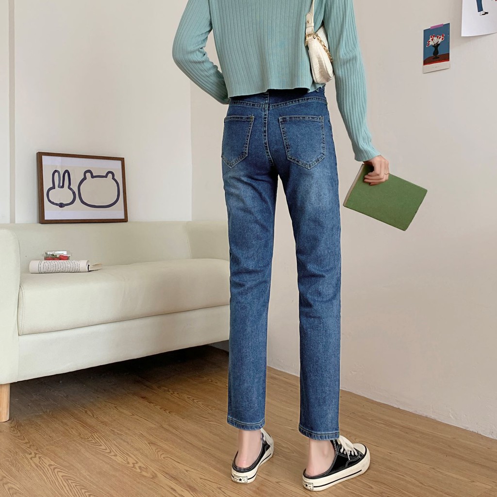 กางเกงยีนส์แฟชั่นใหม่สำหรับผู้หญิงกางเกงยีนส์เลกกิ้งยีนส์เอวสูงข้อสั้นสีน้ำเงิน